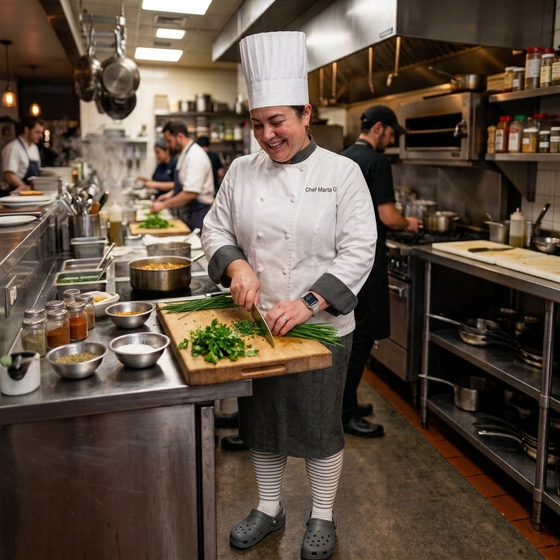 Marta G. — Flowra customer, wears Flowra for 14-Hour Kitchen Shifts