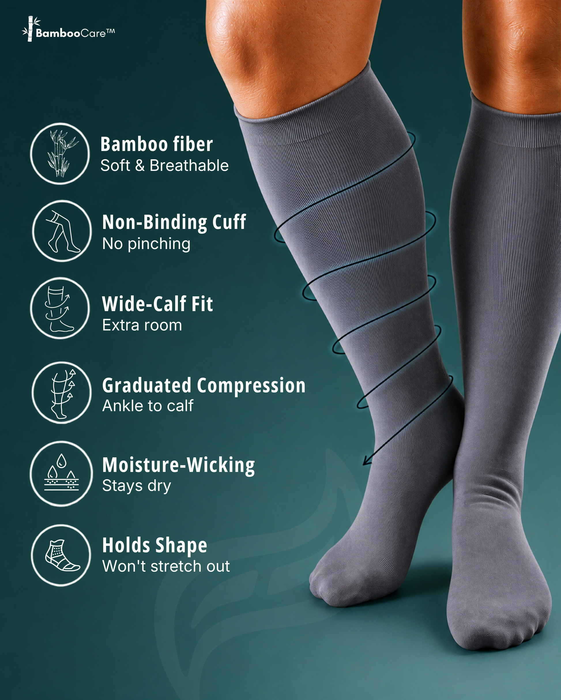 Wide Calf compression sock in Essential Gray with feature diagram callouts including Bamboo fiber