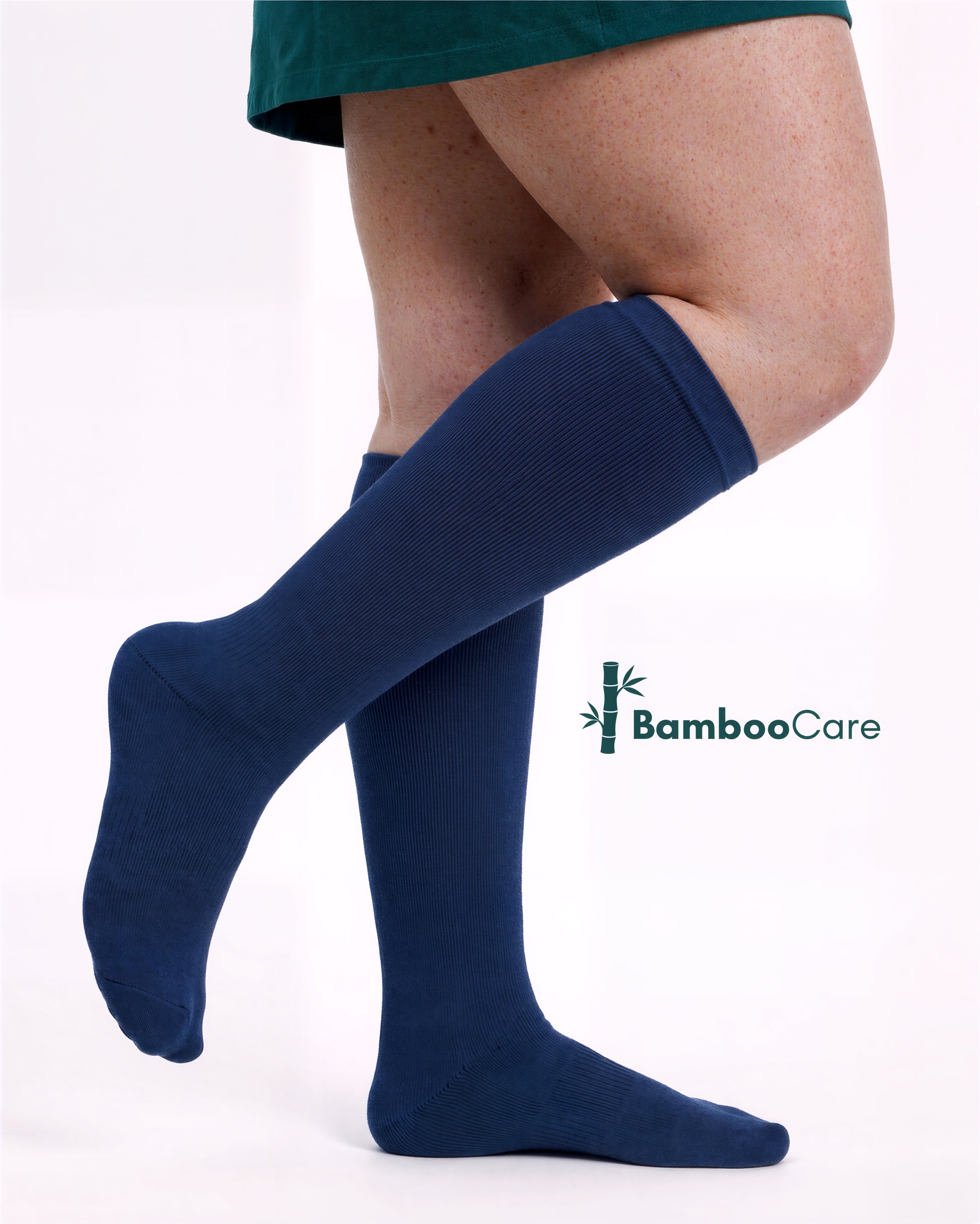 Wide Calf compression sock in True Navy, BambooCare branding, full knee-high coverage