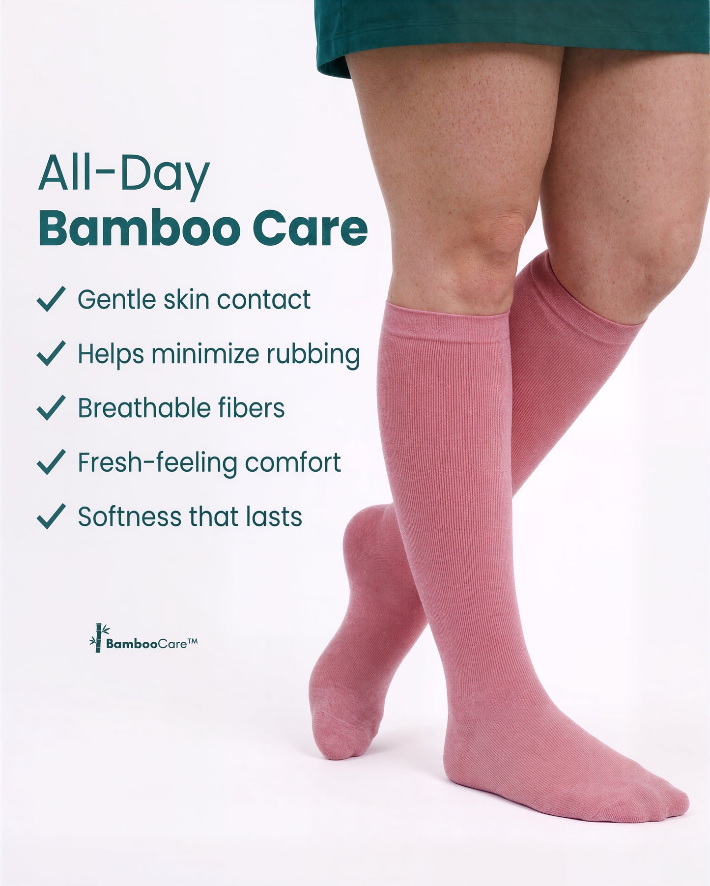 Wide compression sock in Blush Pink with "All-Day Bamboo Care" feature callouts