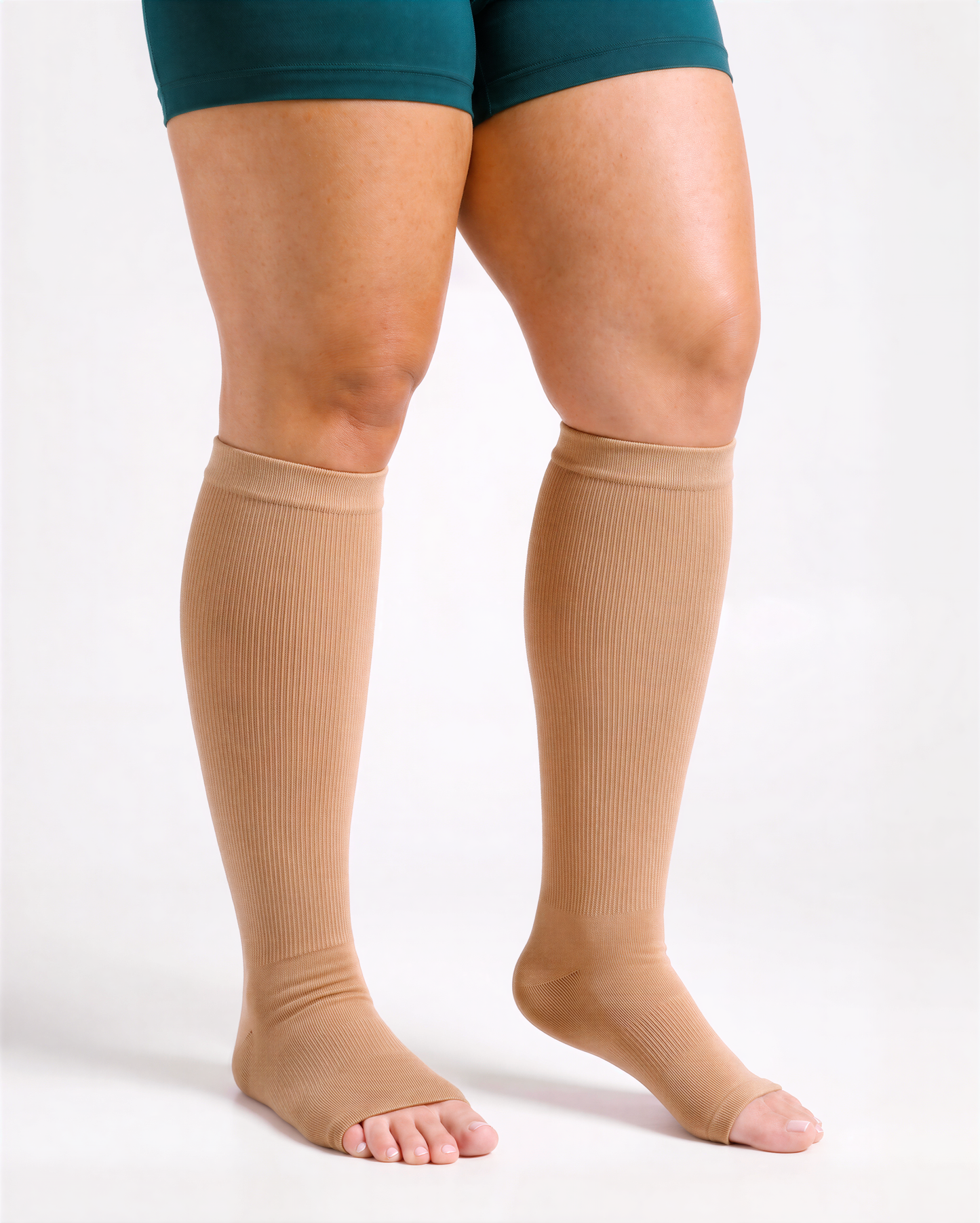 Wide Calf open-toe compression sock in Soft Beige, knee-high coverage, open front toe opening