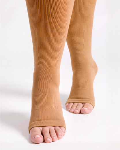Wide Calf open-toe compression sock in Soft Beige, close-up front view of open toe opening