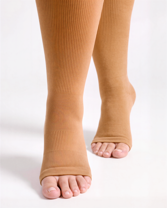 Wide Calf open-toe compression sock in Soft Beige, close-up front view of open toe opening