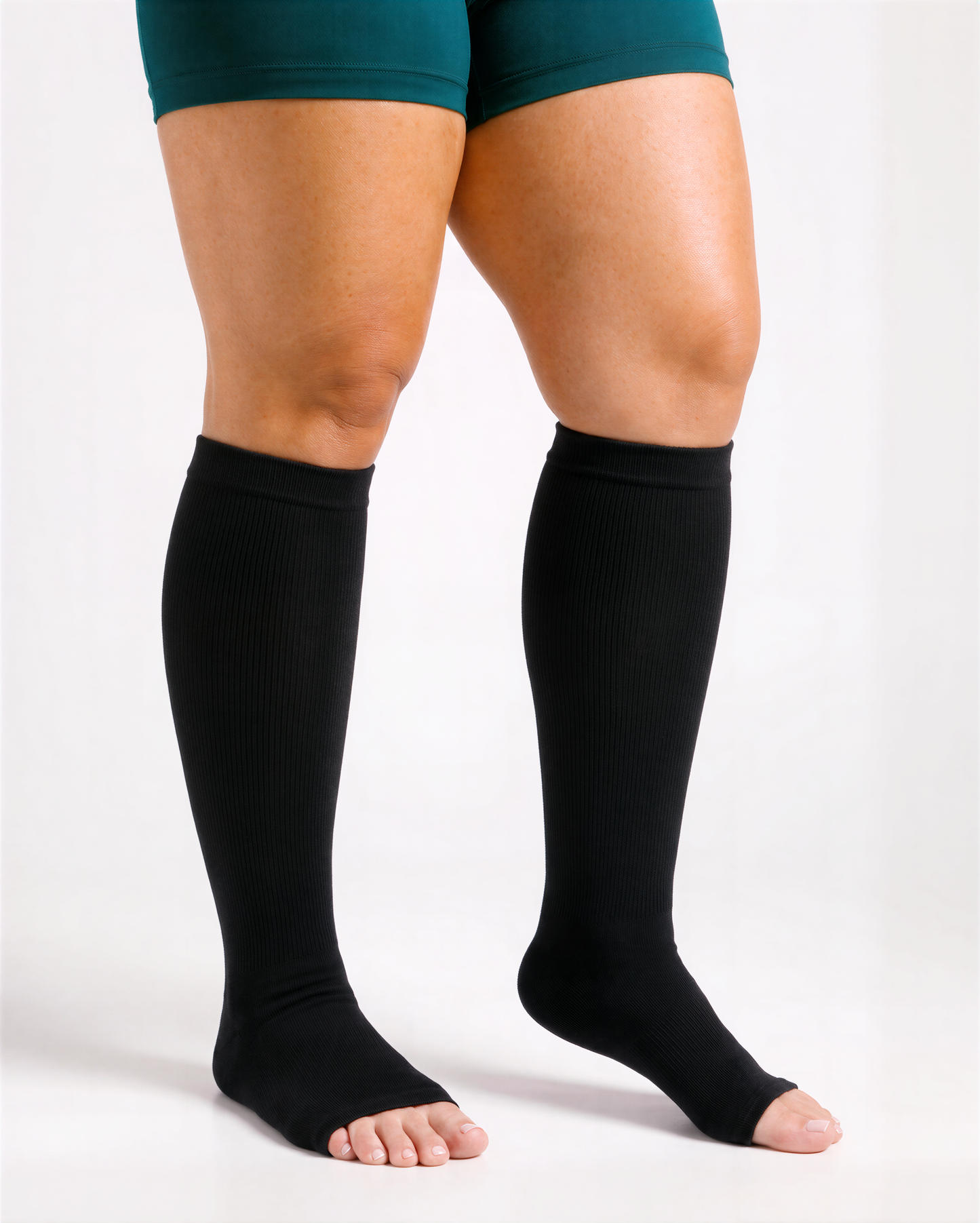 Wide Calf open-toe compression sock in Classic Black, knee-high coverage, open front toe opening