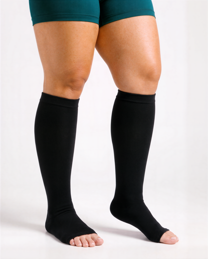 Wide Calf open-toe compression sock in Classic Black, knee-high coverage, open front toe opening