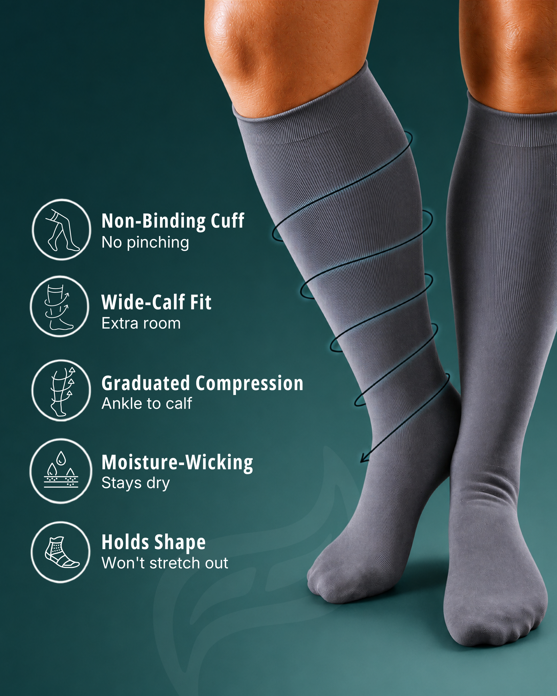 Wide Calf compression sock in Essential Gray with feature diagram callouts