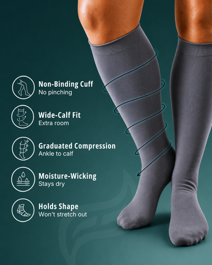 Wide Calf compression sock in Essential Gray with feature diagram callouts