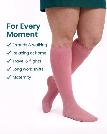 Wide Calf compression sock in Blush Pink with "For Every Moment" feature callouts